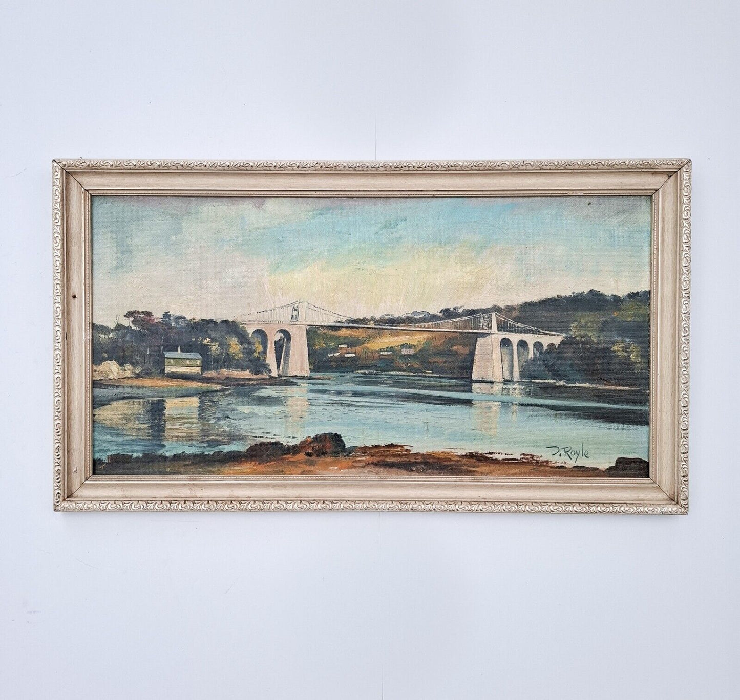 Original Oil Painting Menai Strait Bridge Vintage Landscape Signed 11x24"