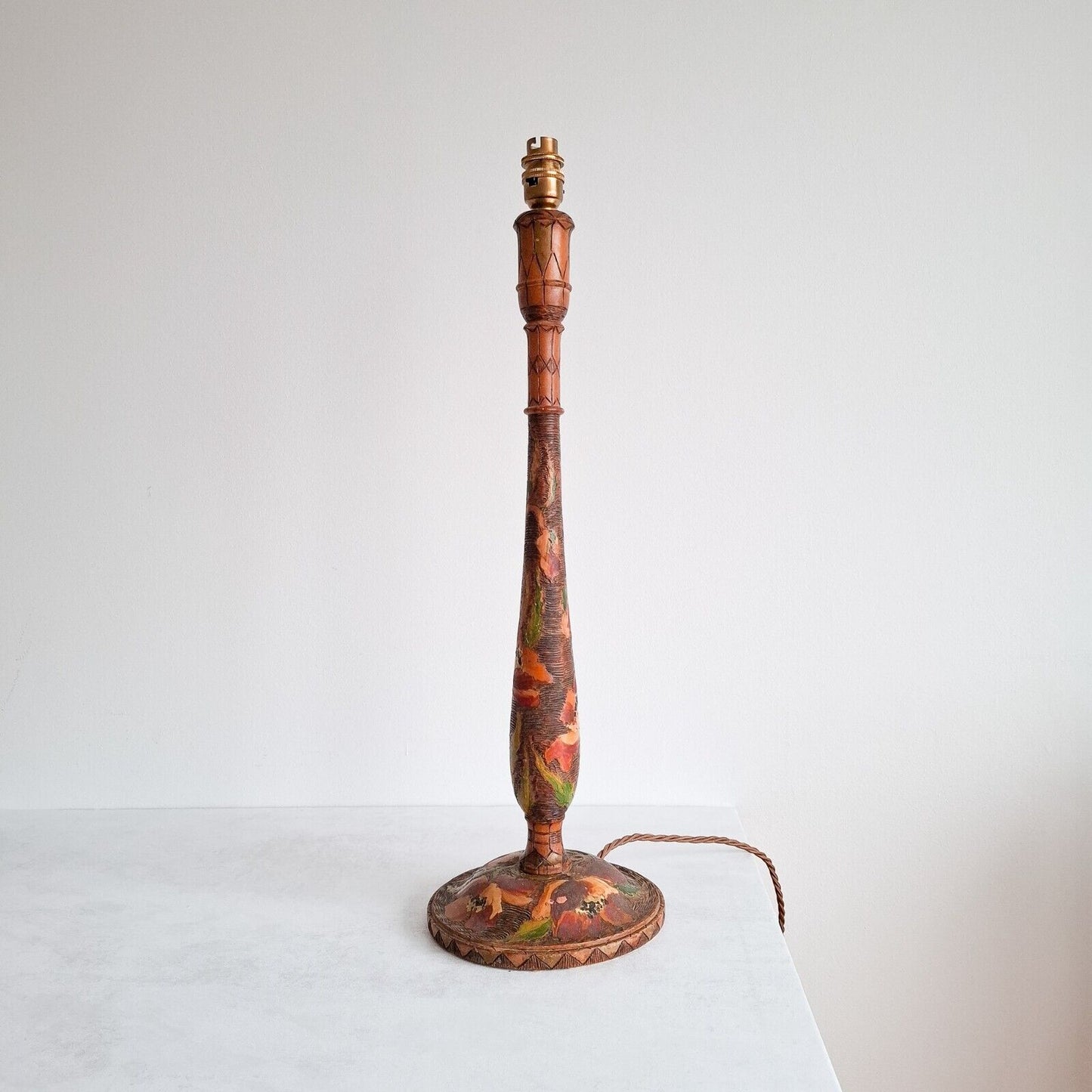 Vintage wooden Table Lamp Pyrography Indian Tall candle stick floral boho ethnic
