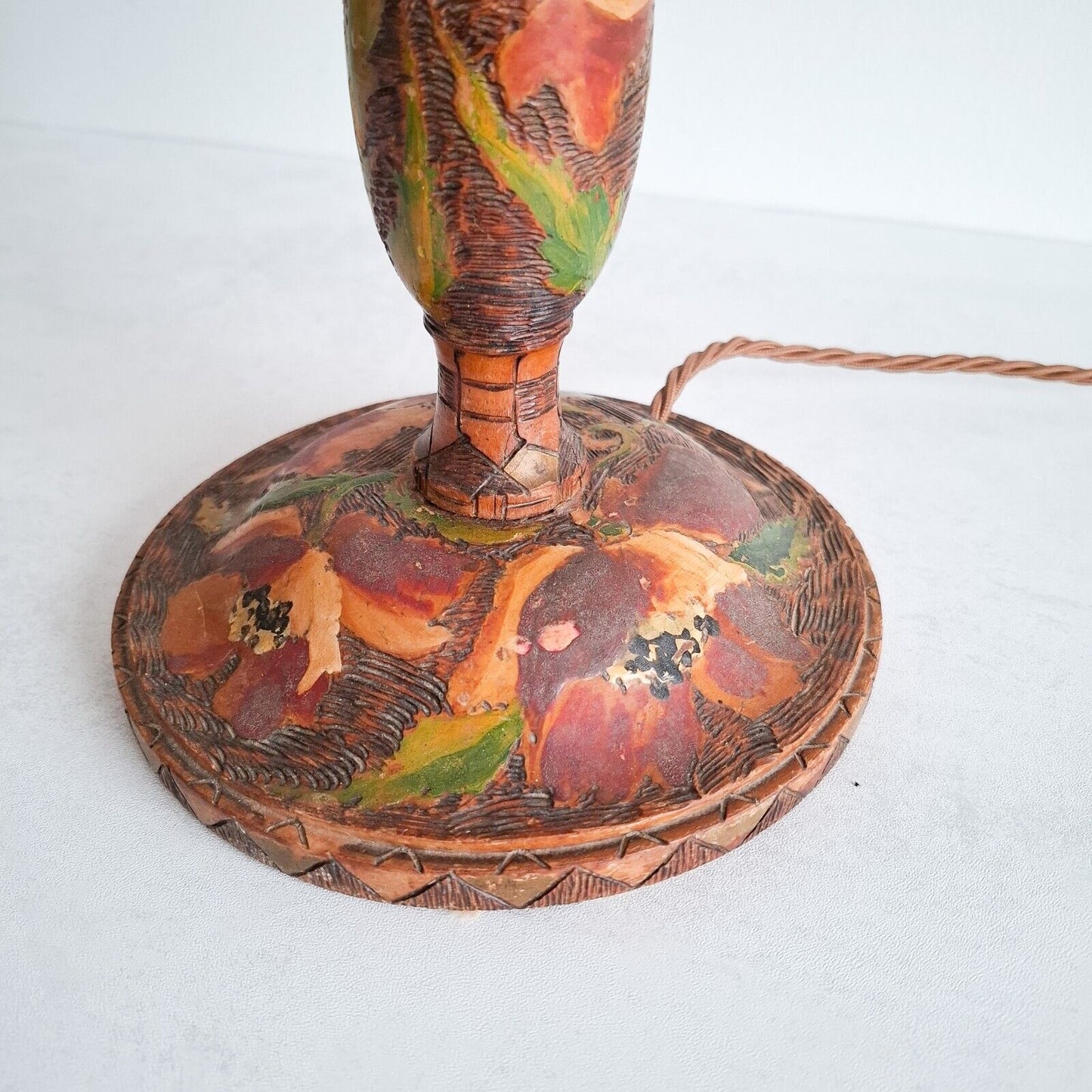 Vintage wooden Table Lamp Pyrography Indian Tall candle stick floral boho ethnic