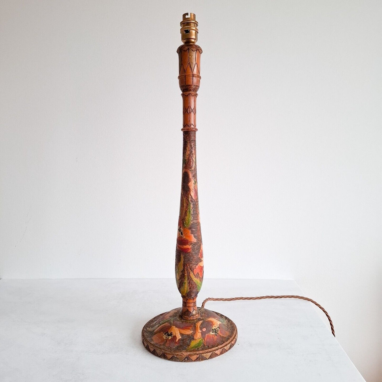 Vintage wooden Table Lamp Pyrography Indian Tall candle stick floral boho ethnic