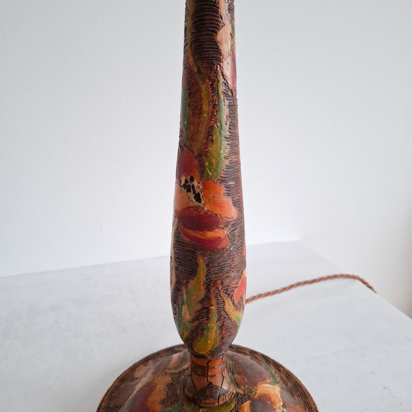 Vintage wooden Table Lamp Pyrography Indian Tall candle stick floral boho ethnic