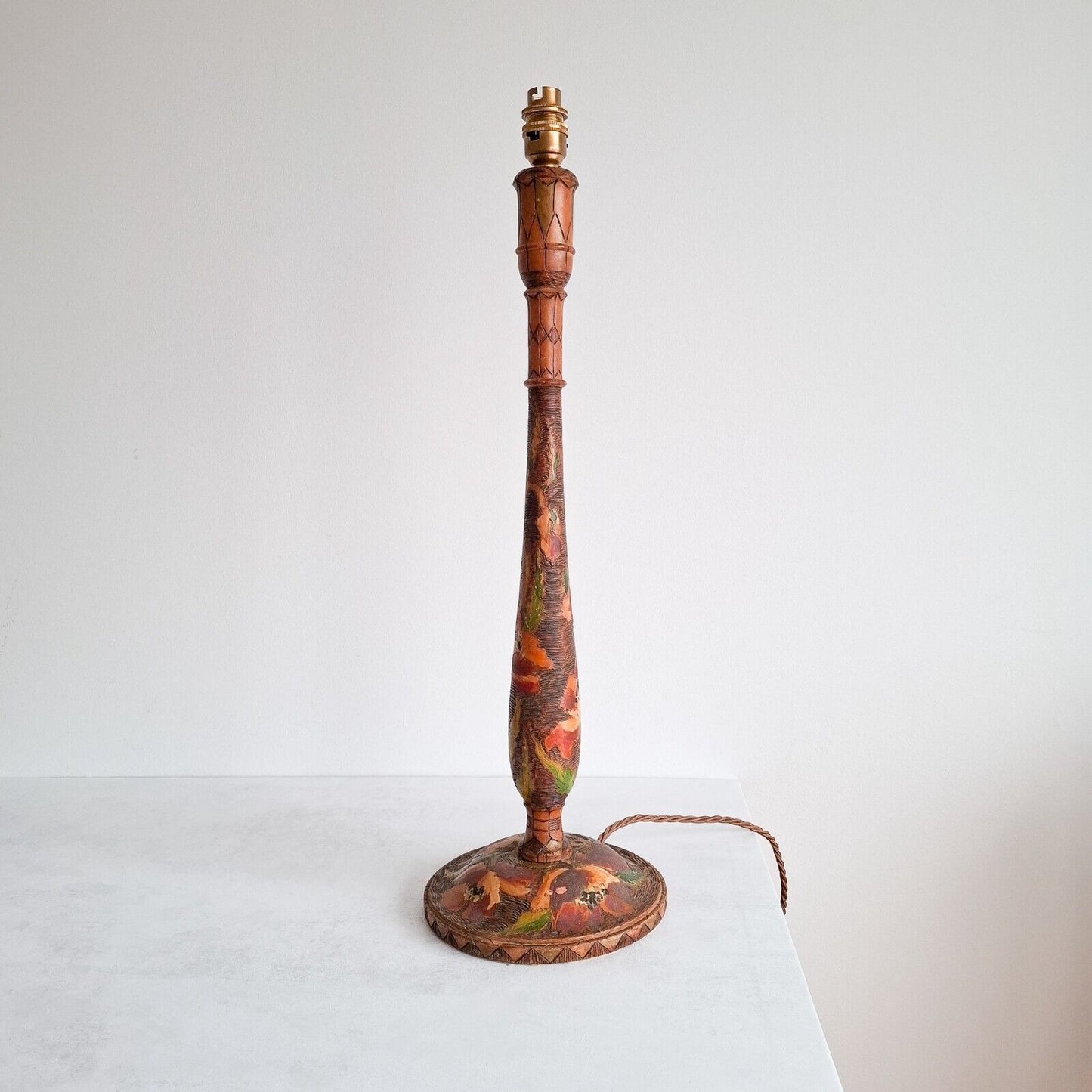 Vintage wooden Table Lamp Pyrography Indian Tall candle stick floral boho ethnic