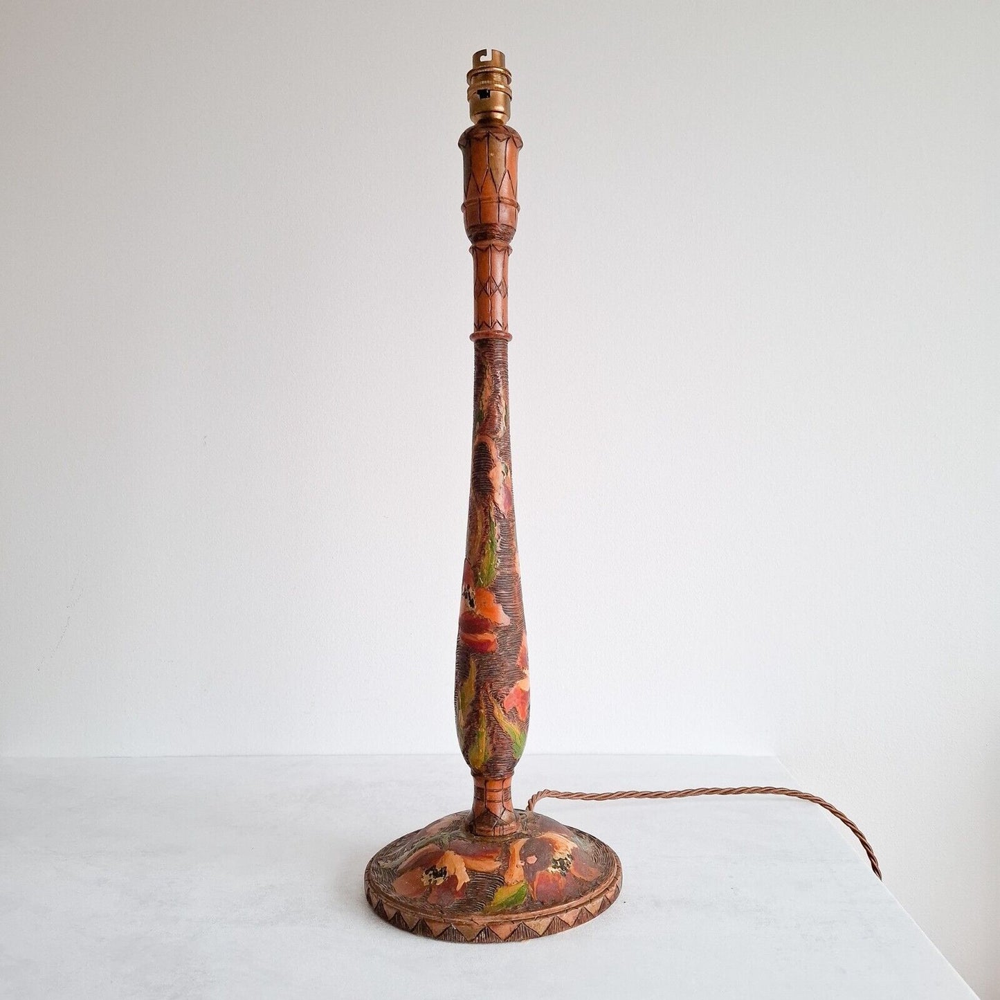 Vintage wooden Table Lamp Pyrography Indian Tall candle stick floral boho ethnic