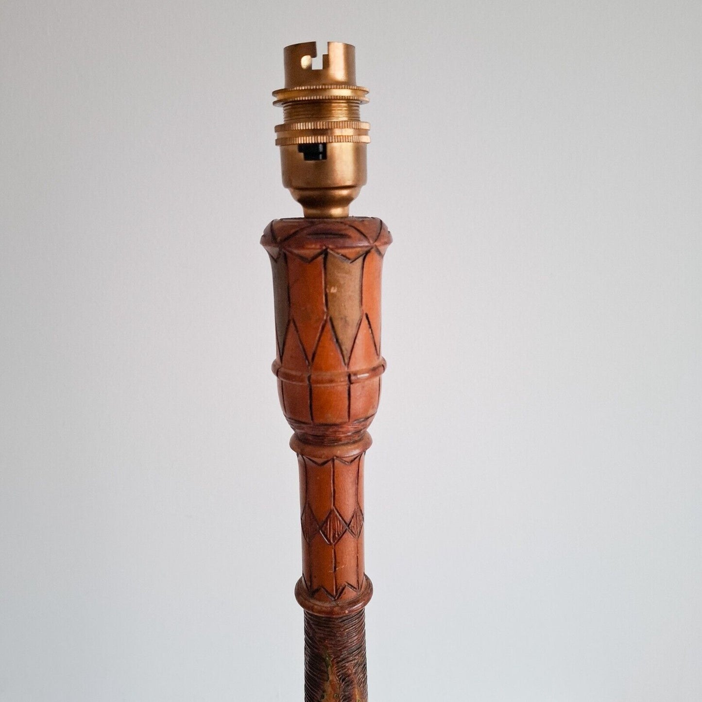 Vintage wooden Table Lamp Pyrography Indian Tall candle stick floral boho ethnic
