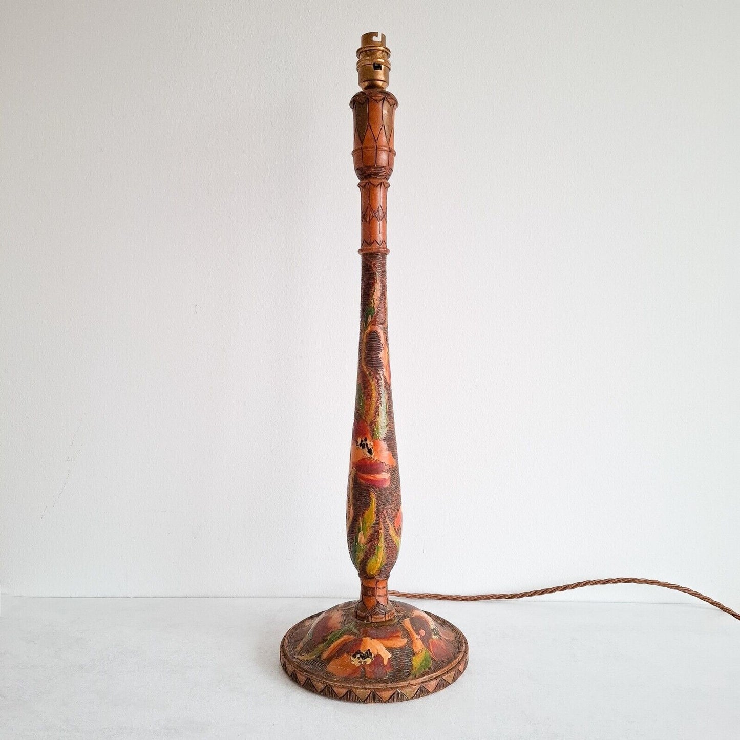 Vintage wooden Table Lamp Pyrography Indian Tall candle stick floral boho ethnic