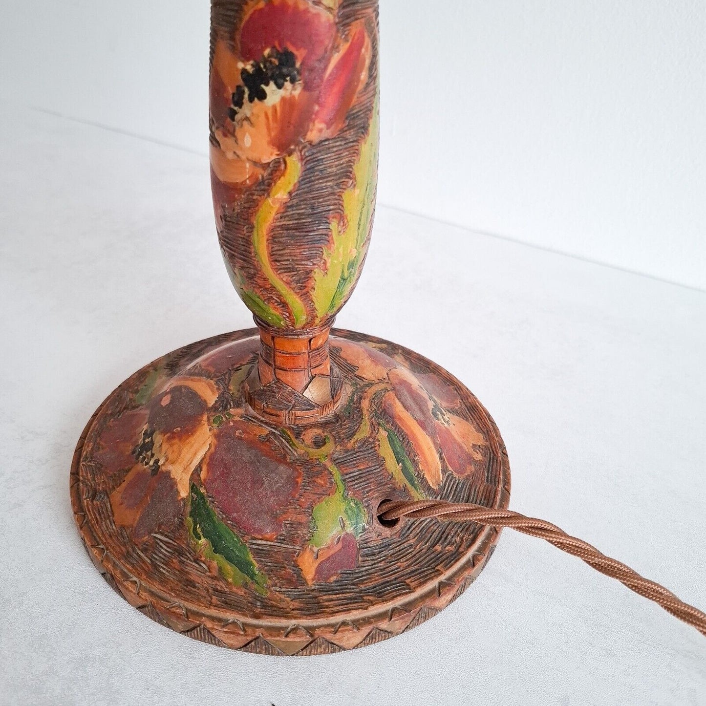 Vintage wooden Table Lamp Pyrography Indian Tall candle stick floral boho ethnic