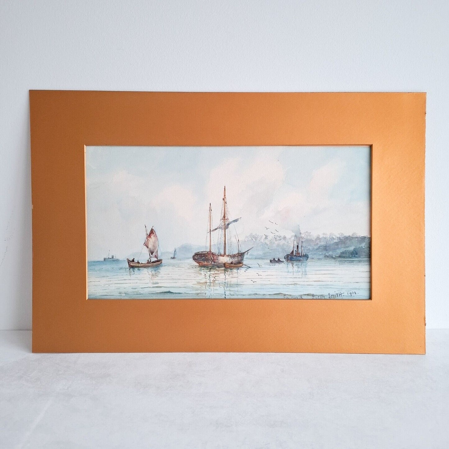Falmouth Seascape Boats original painting Austin Smith 1924 Antique Art