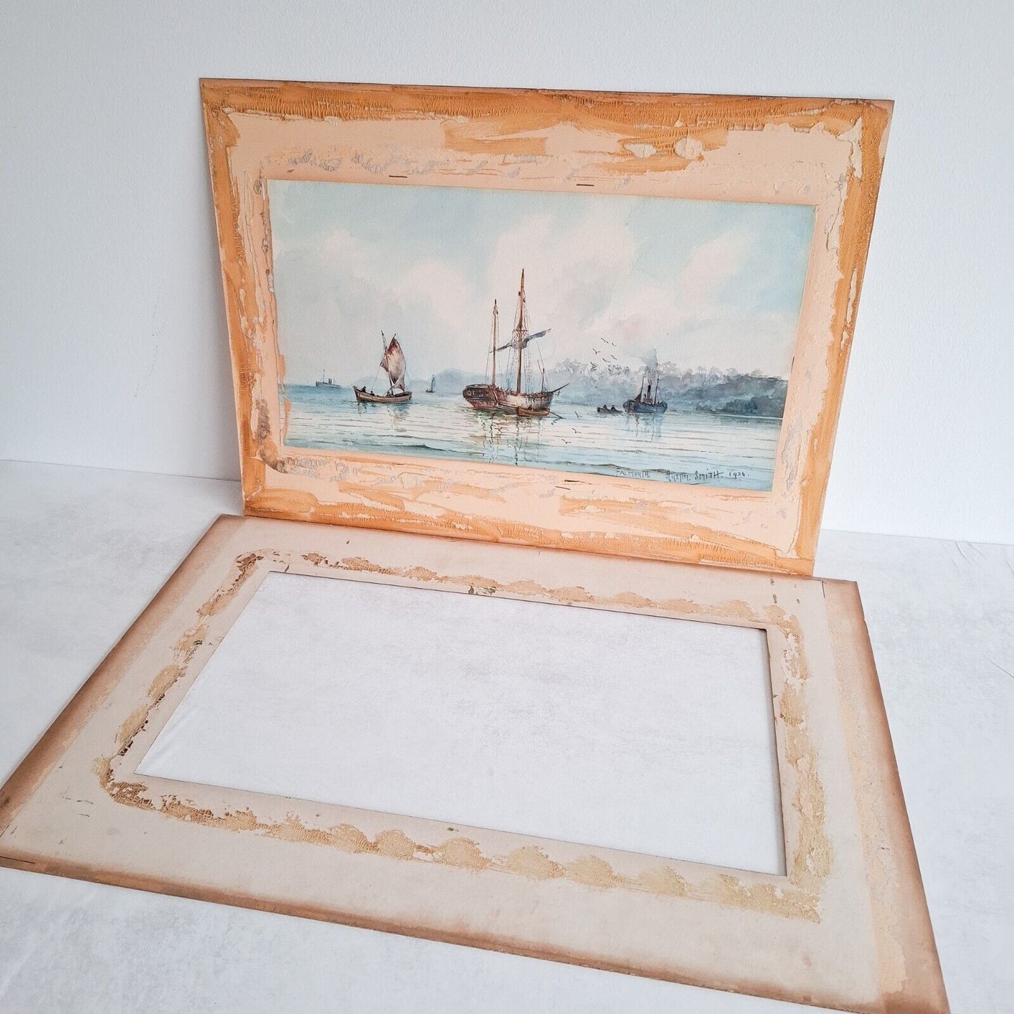 Falmouth Seascape Boats original painting Austin Smith 1924 Antique Art