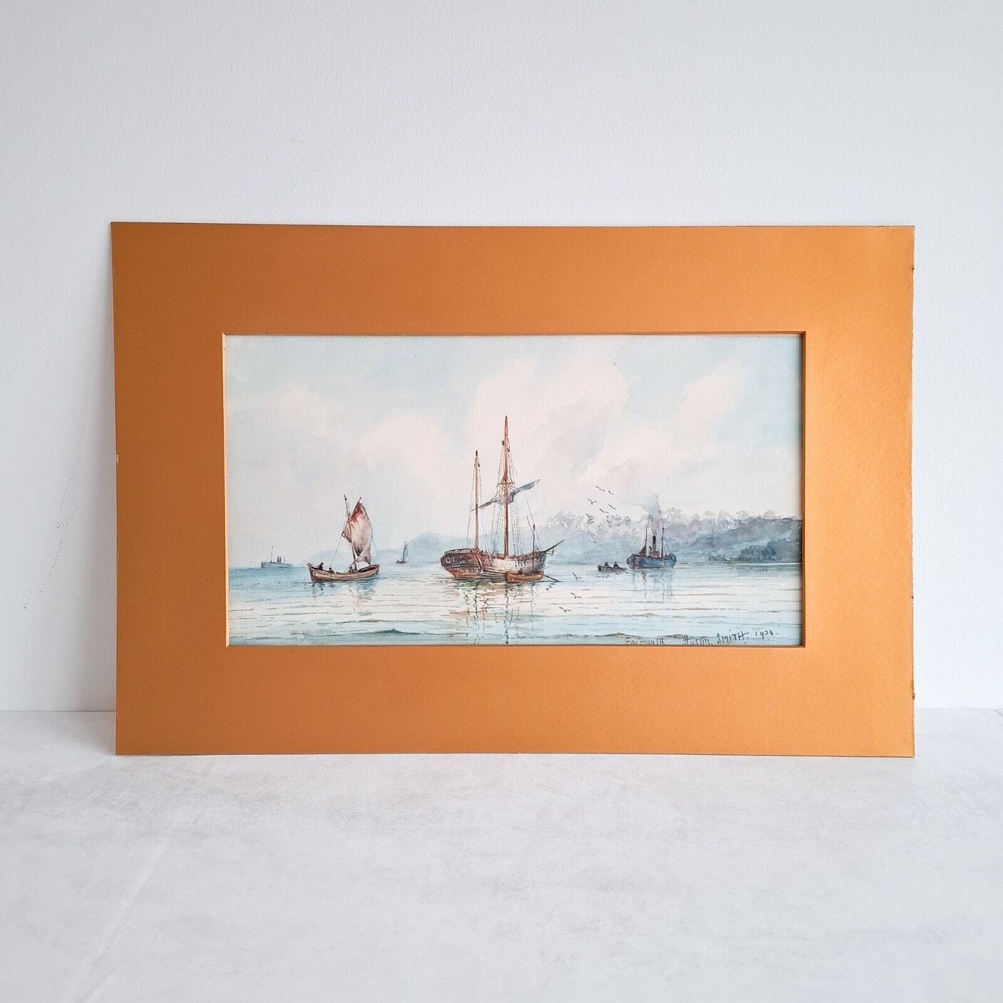 Falmouth Seascape Boats original painting Austin Smith 1924 Antique Art