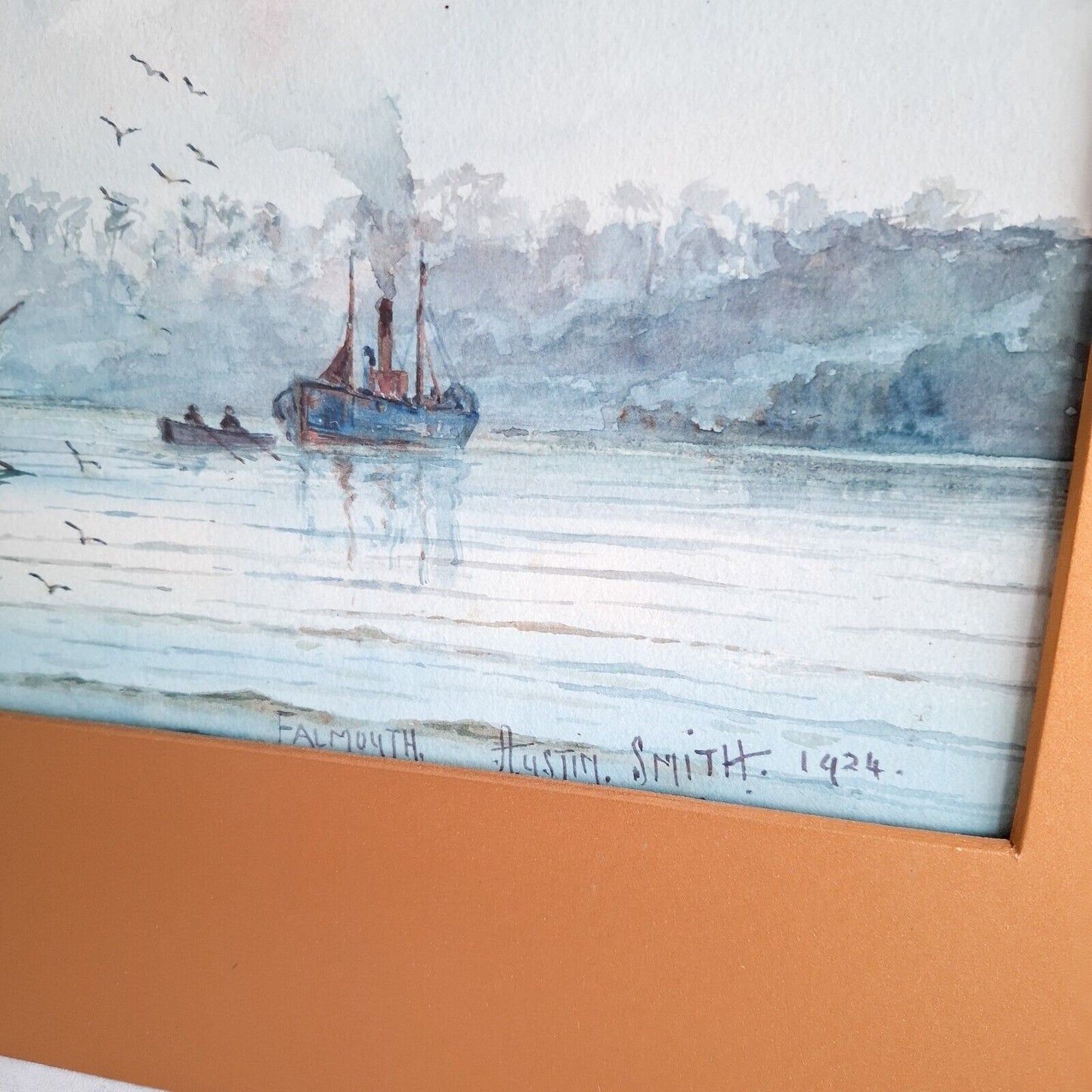 Falmouth Seascape Boats original painting Austin Smith 1924 Antique Art