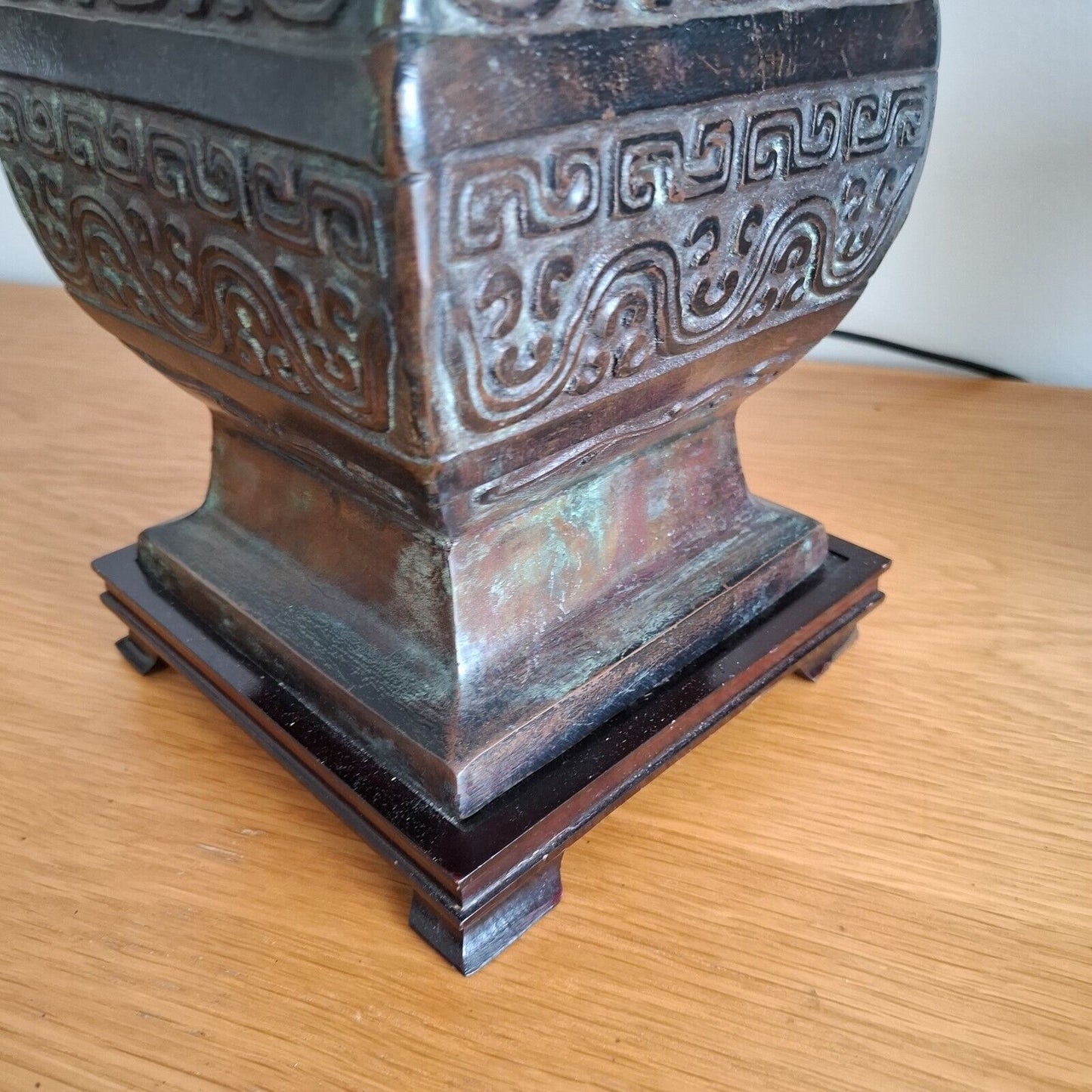Vintage Oriental Bronze Table Lamp Archaic Hu Vase style Chilong 20th Century