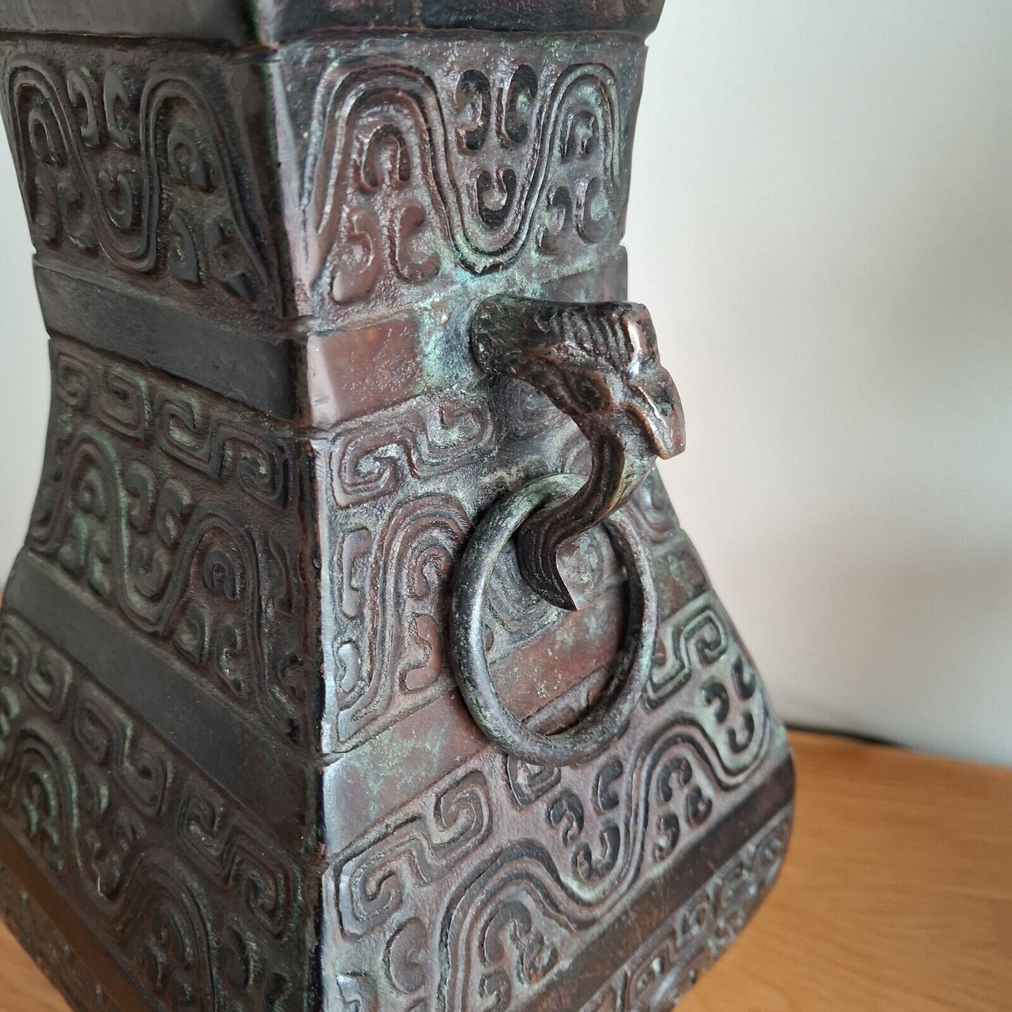 Vintage Oriental Bronze Table Lamp Archaic Hu Vase style Chilong 20th Century