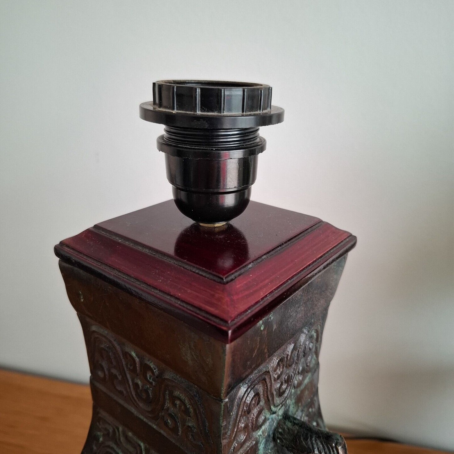 Vintage Oriental Bronze Table Lamp Archaic Hu Vase style Chilong 20th Century