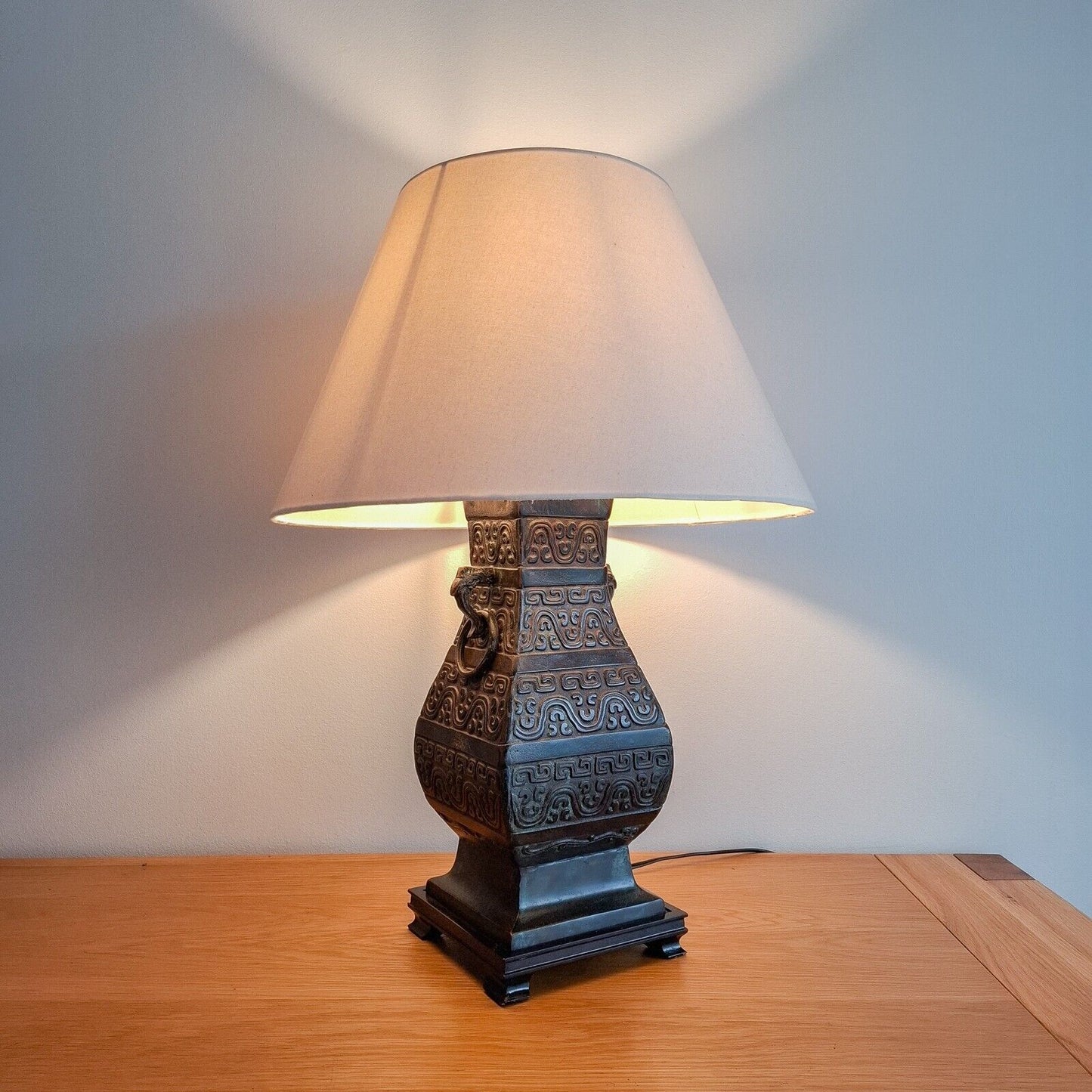 Vintage Oriental Bronze Table Lamp Archaic Hu Vase style Chilong 20th Century