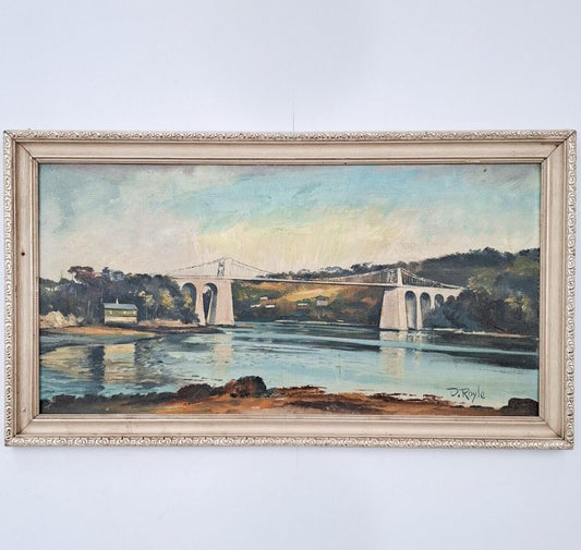 Original Oil Painting Menai Strait Bridge Vintage Landscape Signed 11x24"