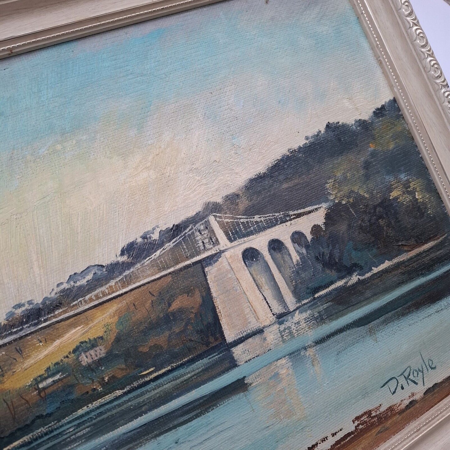 Original Oil Painting Menai Strait Bridge Vintage Landscape Signed 11x24"