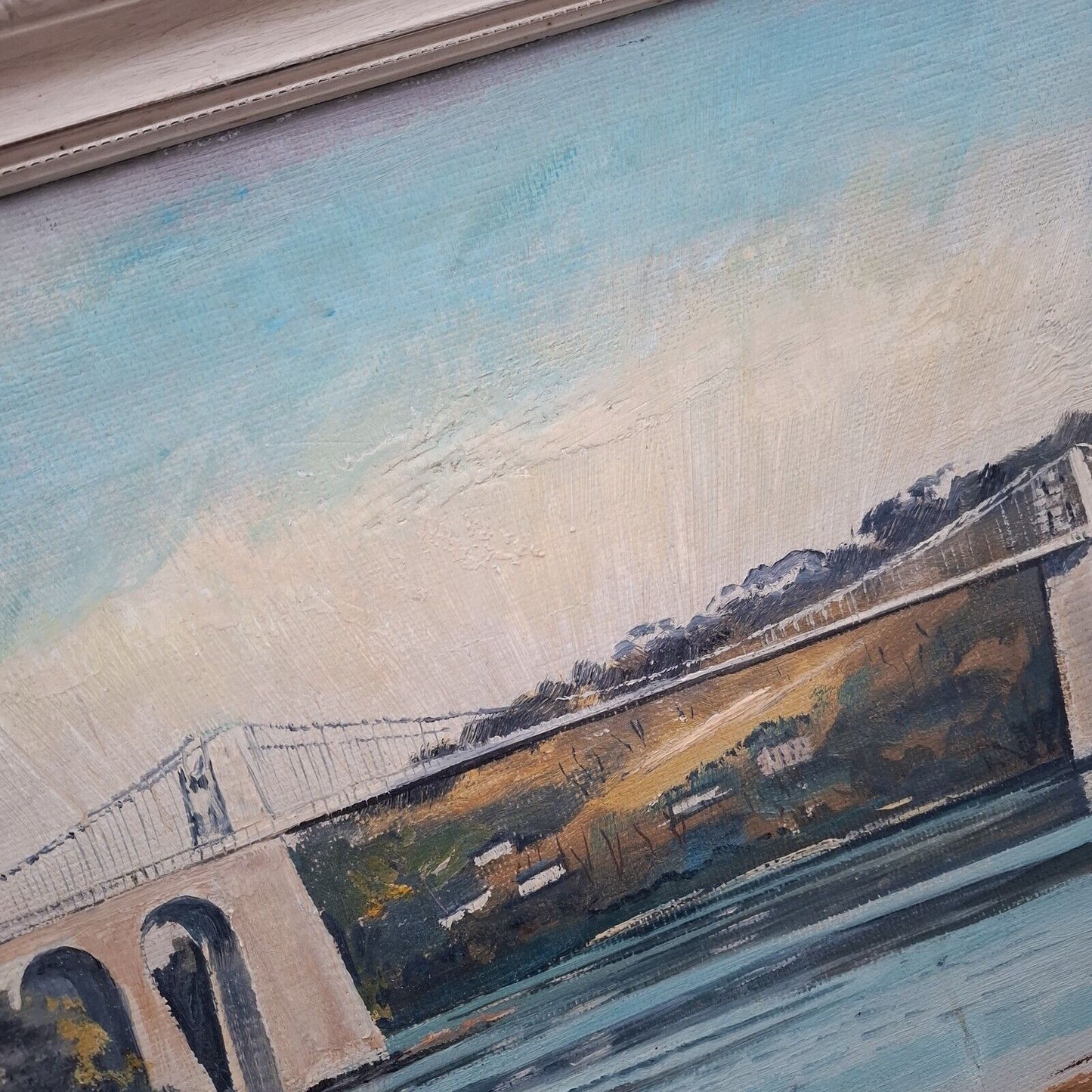 Original Oil Painting Menai Strait Bridge Vintage Landscape Signed 11x24"