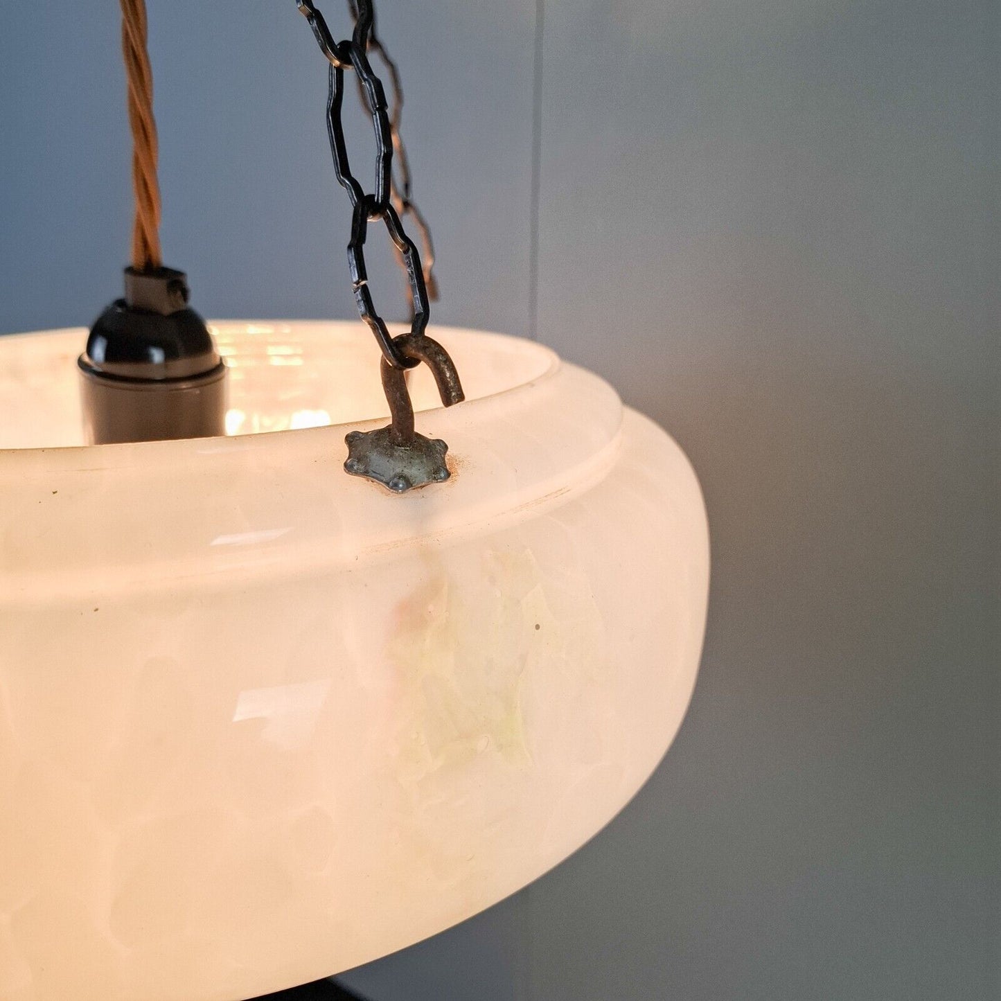 vintage Art Deco light shade glass marble bowl hanging ceiling pendant MCM UFO