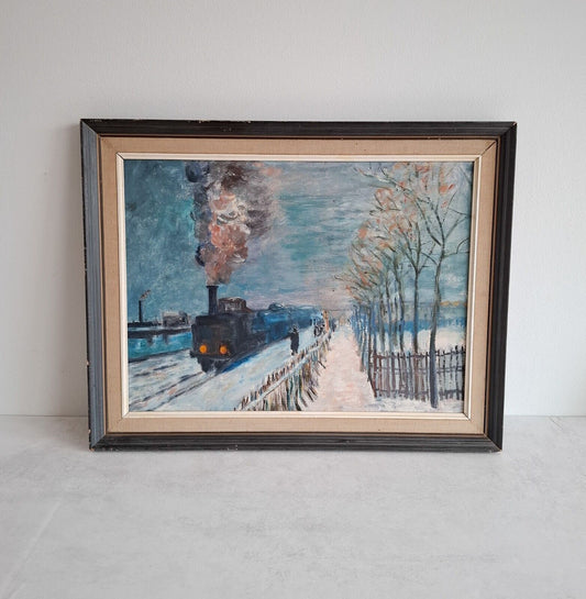 The train in the snow After Monet original oil painting by C.MORICE 1970 13x17"