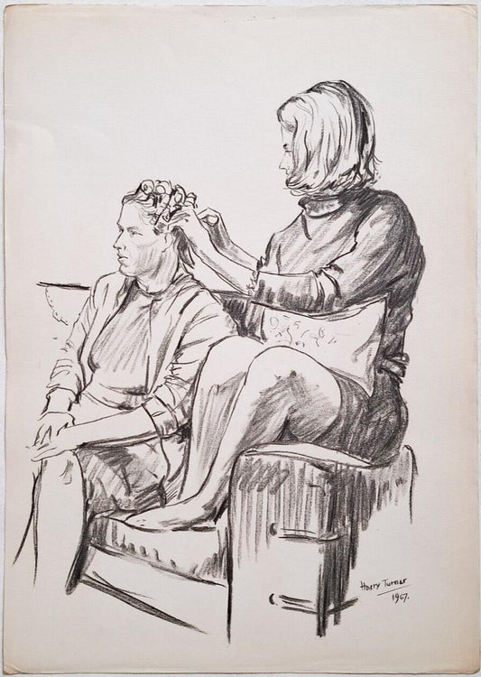 Vintage original portrait women at home sketch life drawing 1960s Harry Turner