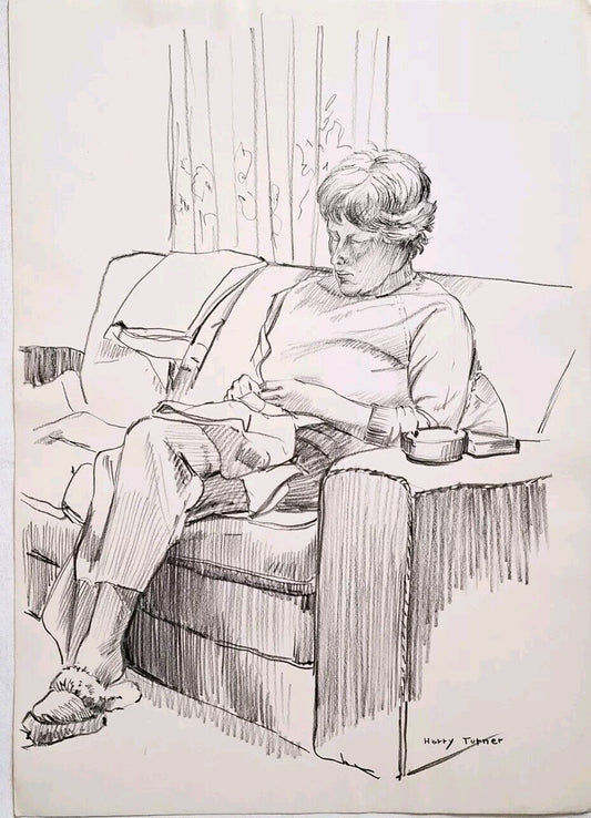 Vintage original portrait knitting woman sketch home life drawing 1960s Art Sign