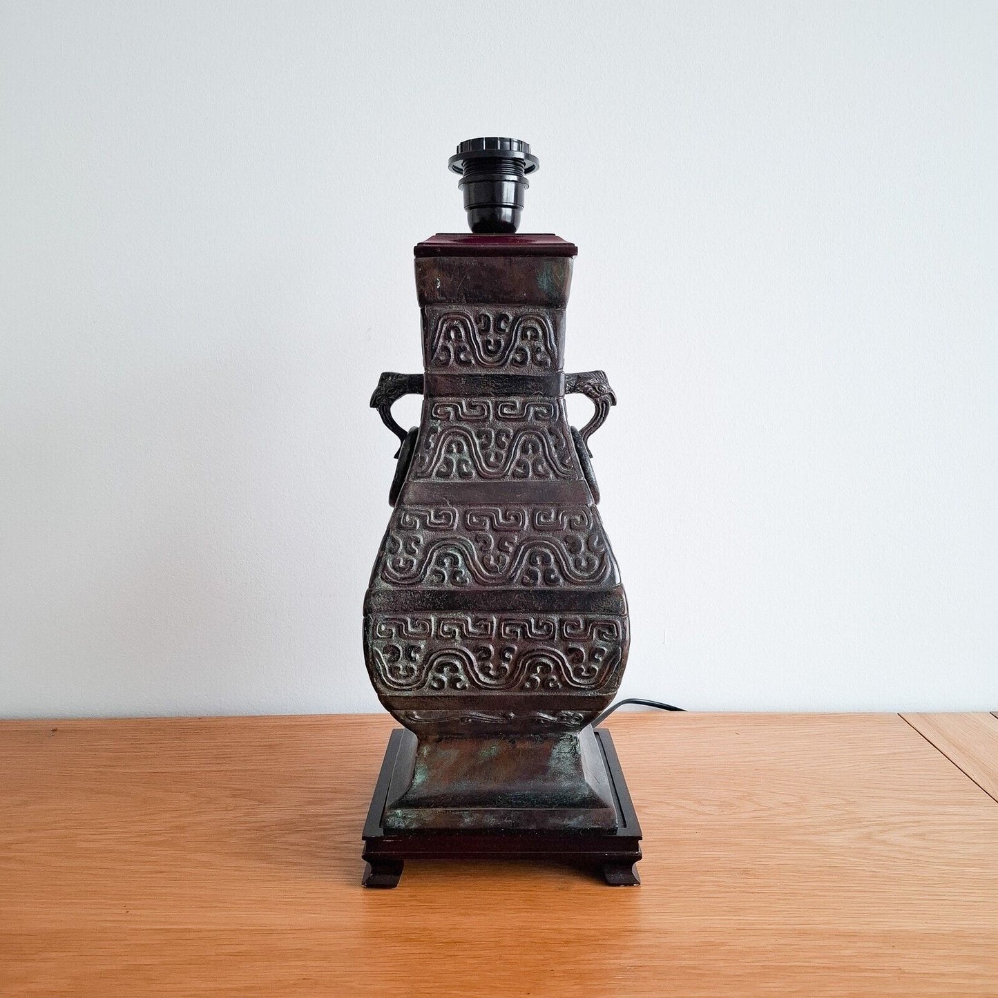 Vintage Oriental Bronze Table Lamp Archaic Hu Vase style Chilong 20th Century