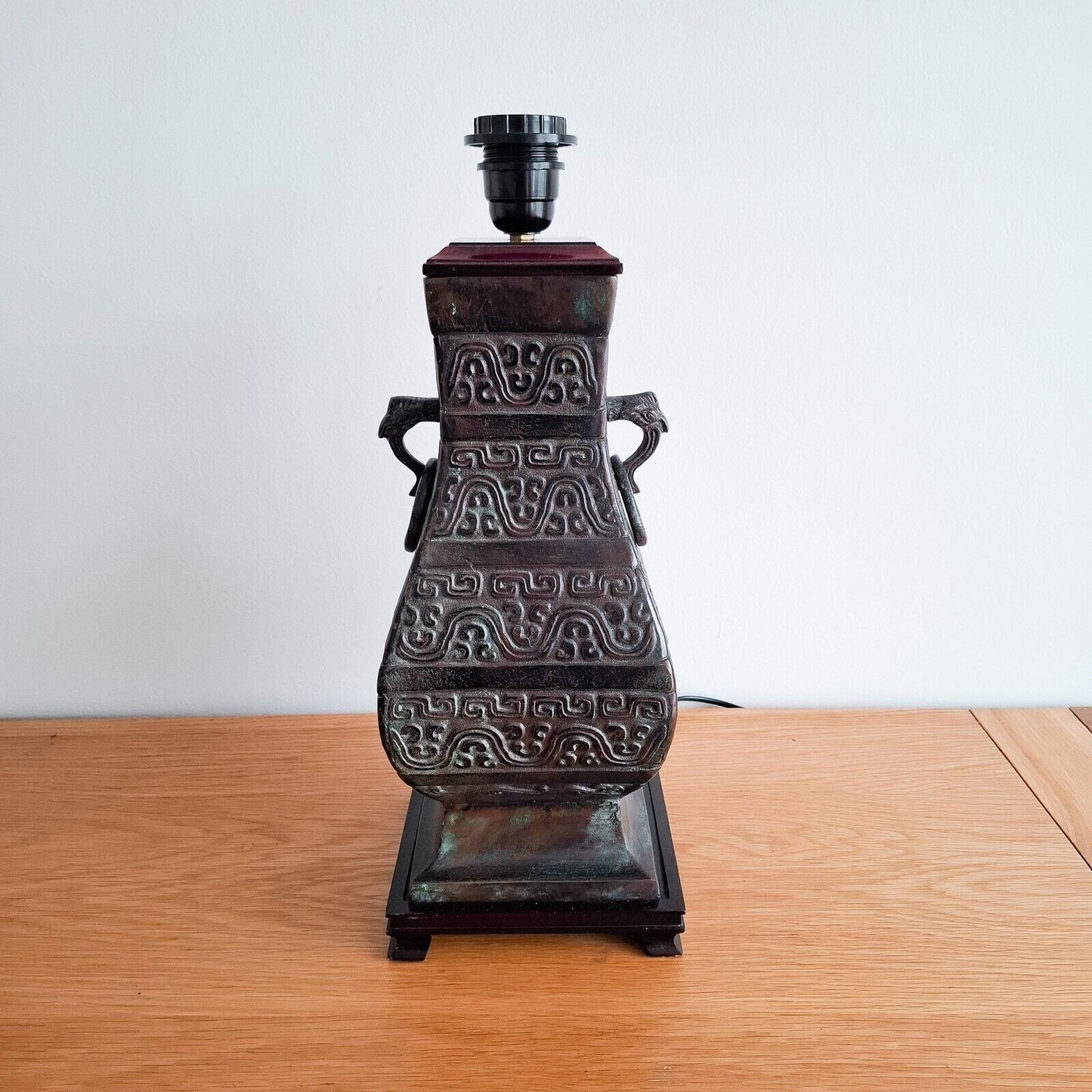 Vintage Oriental Bronze Table Lamp Archaic Hu Vase style Chilong 20th Century