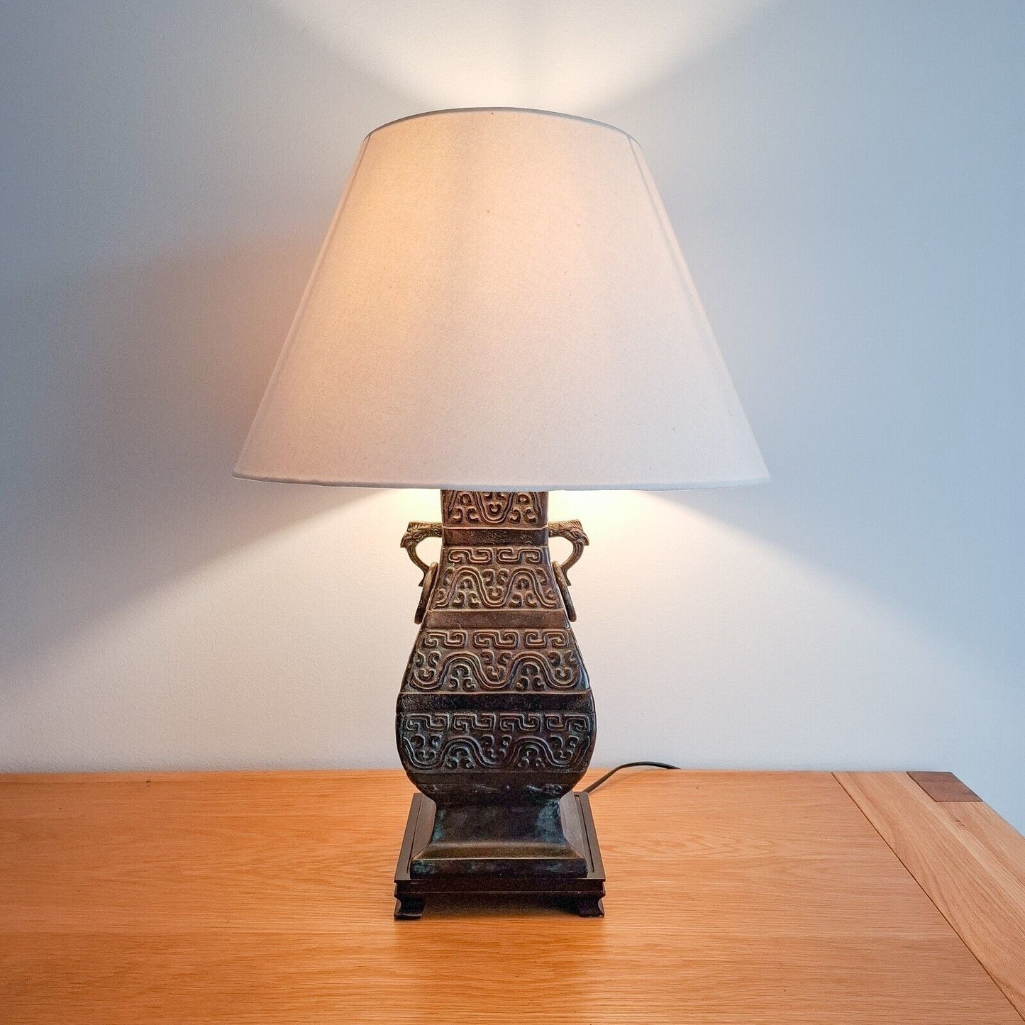 Vintage Oriental Bronze Table Lamp Archaic Hu Vase style Chilong 20th Century