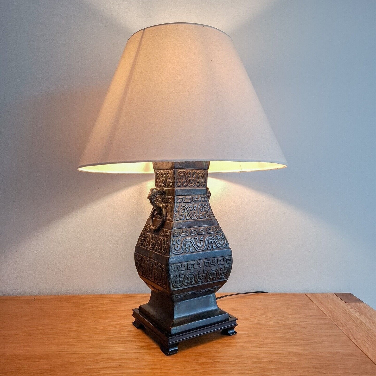 Vintage Oriental Bronze Table Lamp Archaic Hu Vase style Chilong 20th Century